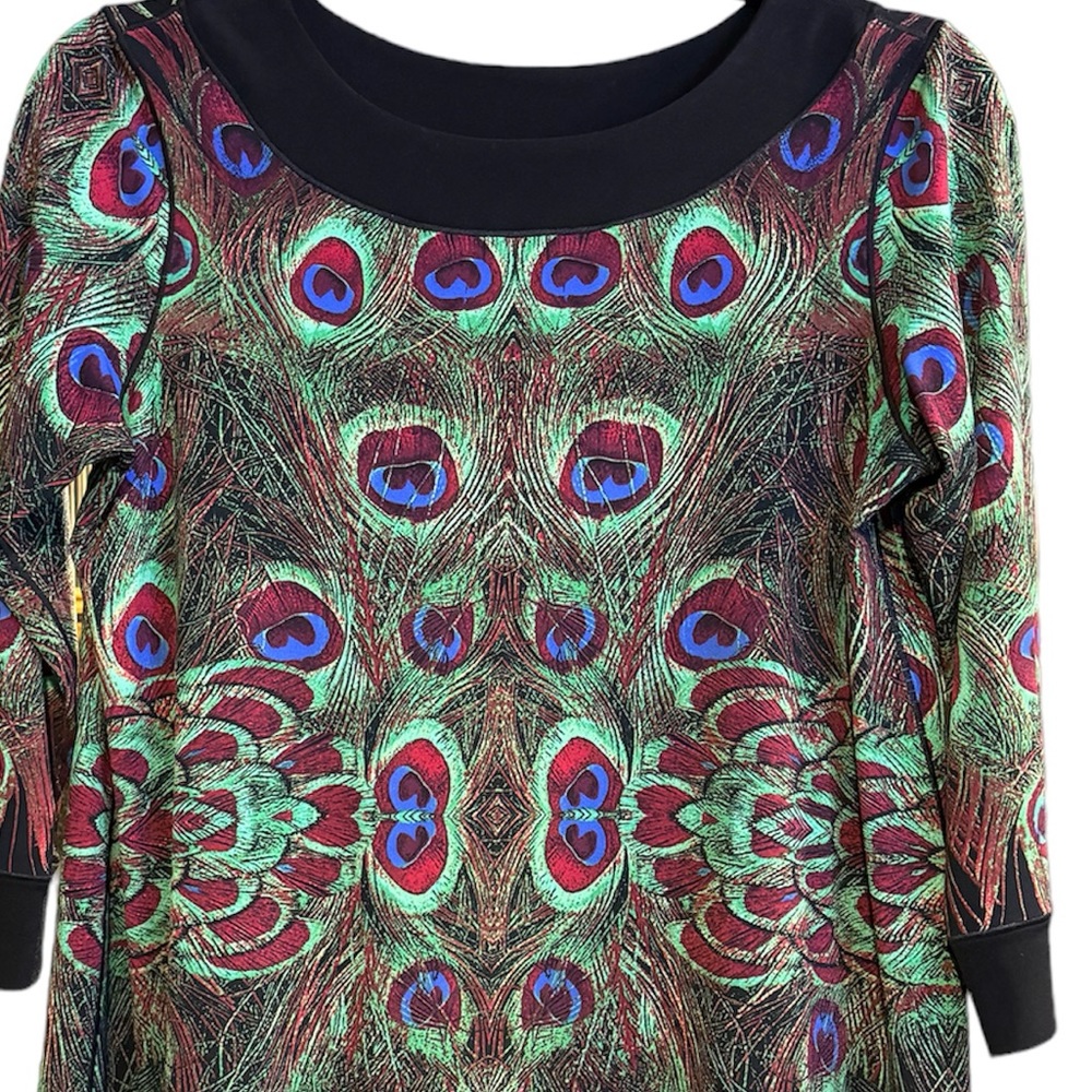 Eva Varro Green Peacock Print Tunic Top Shirt Sz S Small V Open Back Abstract - Picture 3 of 8